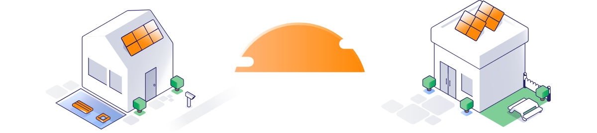 Illustration of two homes with solar panels and a sunrise