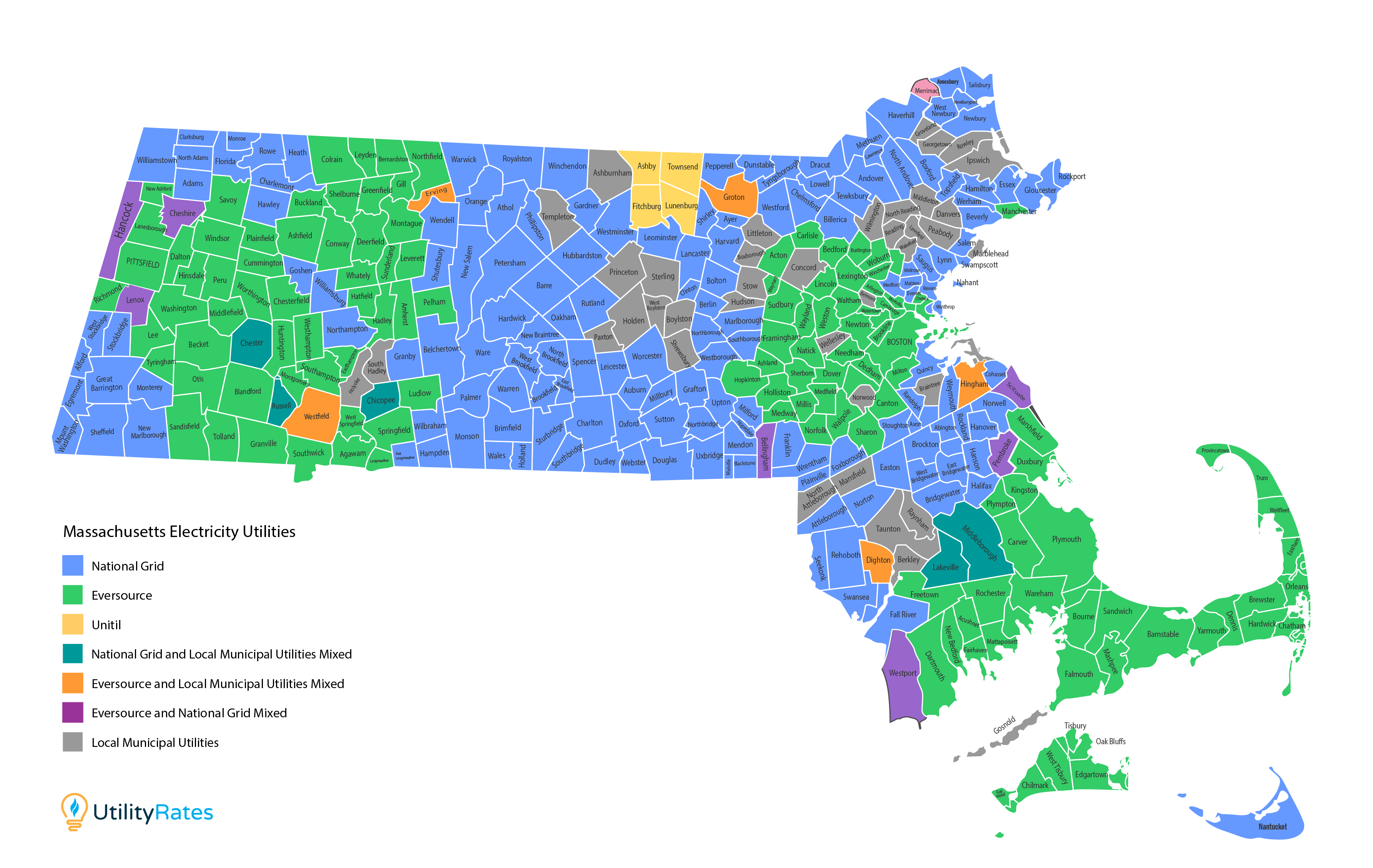 Massachusetts electric utility service-area reference map
