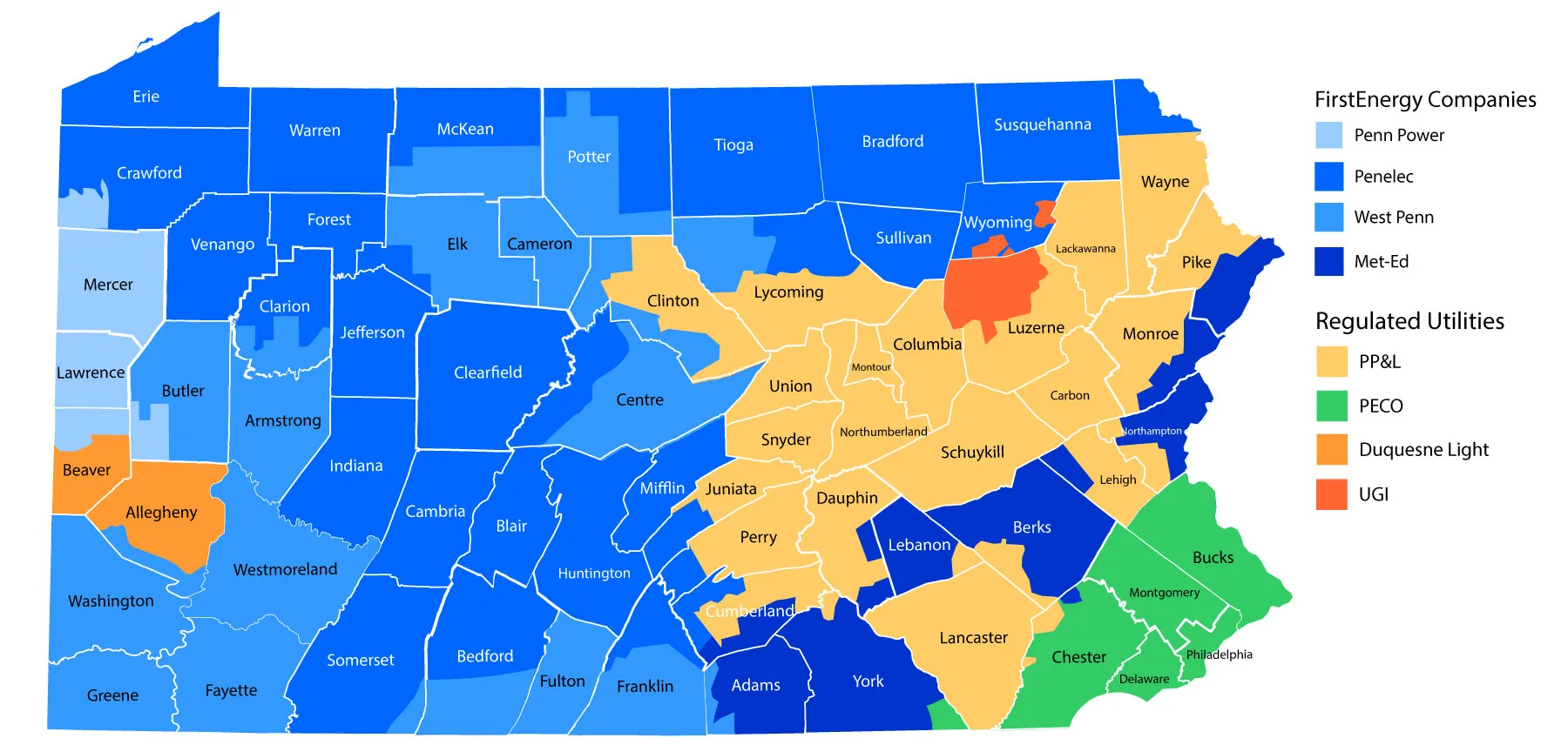 Pennsylvania electric utility service territory map showing FirstEnergy companies, PPL, PECO, Duquesne Light and UGI territories
